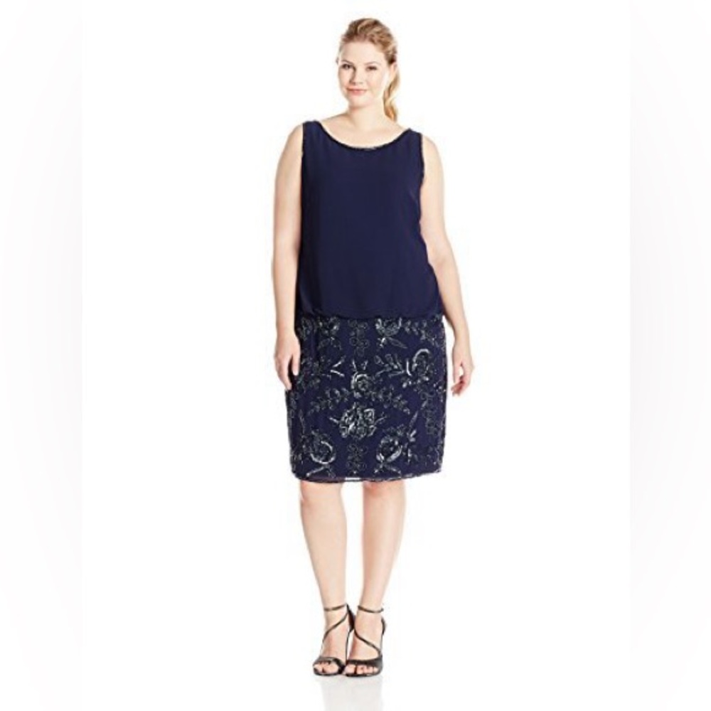 Adrianna Papell Navy Blue Sleeveless Scoop Back Beaded Cocktail Event Dress 14
